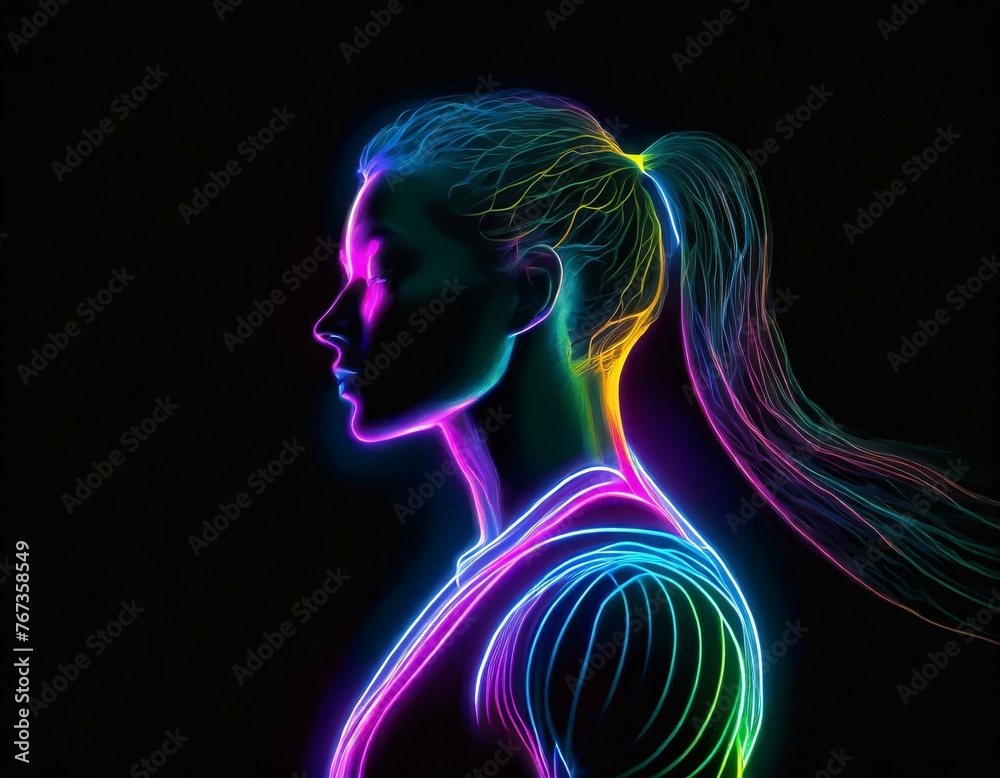 Neon outline of a woman's face on a black background