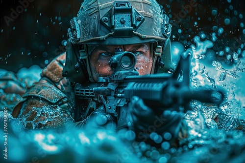 Amid churning waters, a Navy seal soldier is poised with an AR-15, his gaze locked through the sight, ready for the mission ahead.