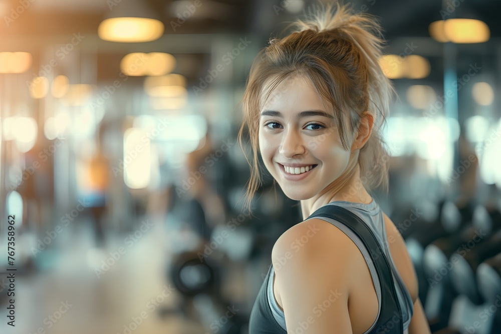 happy attractive sporty fit young woman on blurry gym background, fitness and health concept, sport banner with copy space happy attractive sporty fit young woman on blurry gym background, fitness and health concept, sport banner with copy space