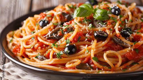 Traditional pasta alla puttanesca with anchovies tomato olives capers photo