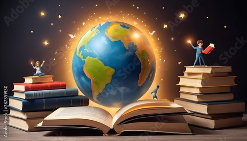 World Book Day, fantasy, and leisure concept. 3D style Illustration of a magical book with fantasy stories inside it