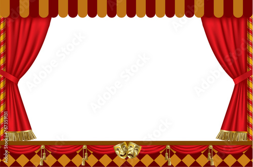 Decorative frame in the shape of a theatrical stage with an open red curtain on a white background. Vector illustration