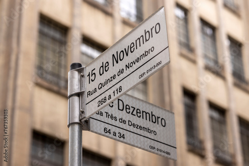 Placa de sinalização da famosa rua 15 de Novembro, centro histórico de São Paulo photo