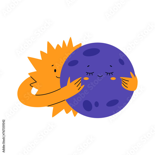 Cute sun character hug moon