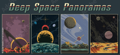 Deep Space Panoramas Illustration Set. Vector Space Posters Template Set, Planets, Moons, Asteroids, Stars, Nebula, Craters. 