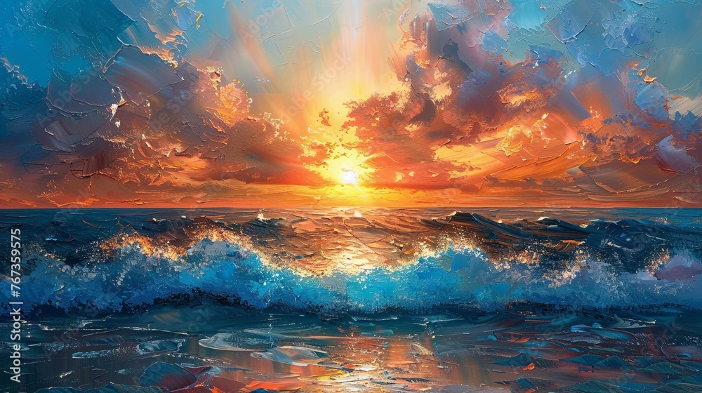 Textured Sunset Seascape Painting - obrazy, fototapety, plakaty 