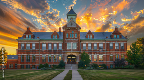 A historic school building at sunset the golden hour casting a warm glow on its façade. photo