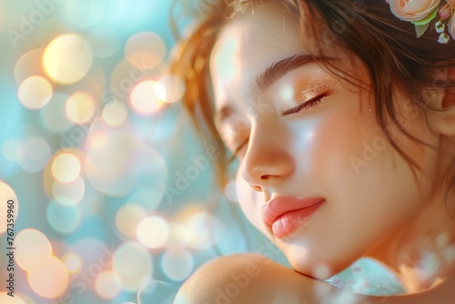 Close up of a beautiful young woman relaxing on massage spa treatment on blurred bright salon background with copy space