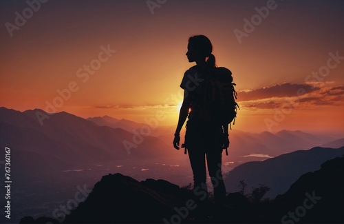 silhouette of female hiker standing at the top of a mountain during sunset - success and perseverance