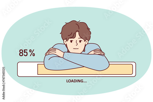 Bored man leaning on progress line loading waiting to download movie from internet. Guy put head in hands and patiently waits for completion of installation of game or software. Flat vector design