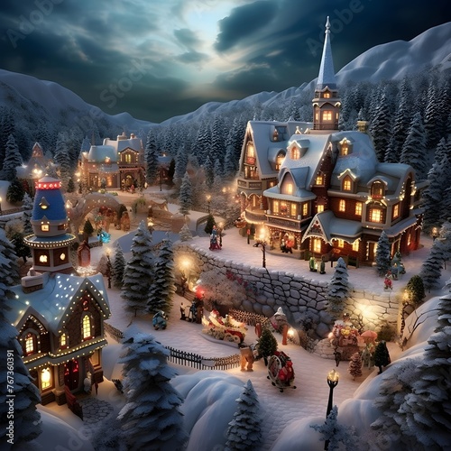 A 3D render of a Christmas scene with a small town in the background