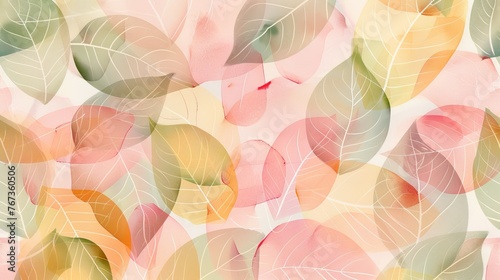 Delicate floral design with overlapping leaves in pastel hues of pink, green, and yellow. Abstract leaf pattern suitable for textiles or prints.