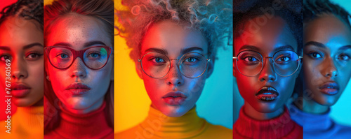 Cropped portraits of group of people different nationalities on multicolored background in neon light. Collage made of models