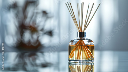 A luxurious scented diffuser with reed sticks on a reflective white surface.