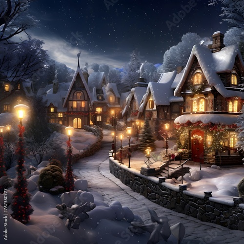 Winter village in snow. Christmas night scene. 3D illustration.