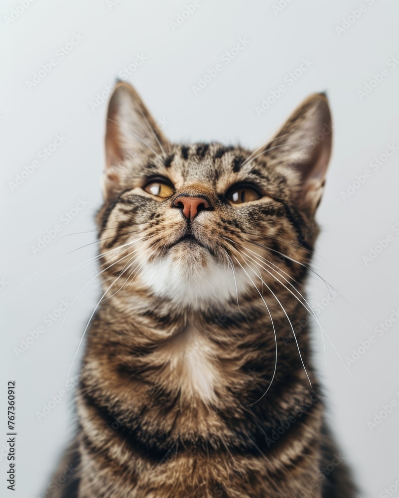 A tabby cat looking up on white background