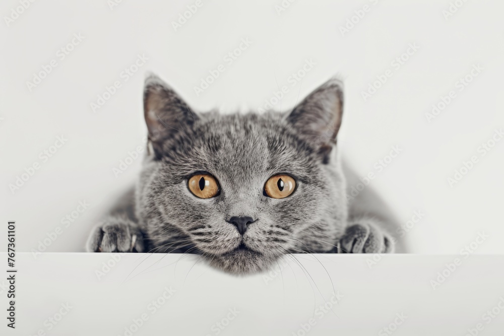 A grey british shortair cat lying down looking at the camera on a white background A grey british shortair cat lying down looking at the camera on a white background