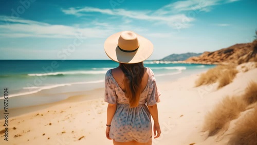 A woman wearing a hat stands serenely on a beautiful sandy beach, enjoying the tranquil oceanside view, tourist woman in summer dress and hat standing on beautiful sandy beach, AI Generated photo