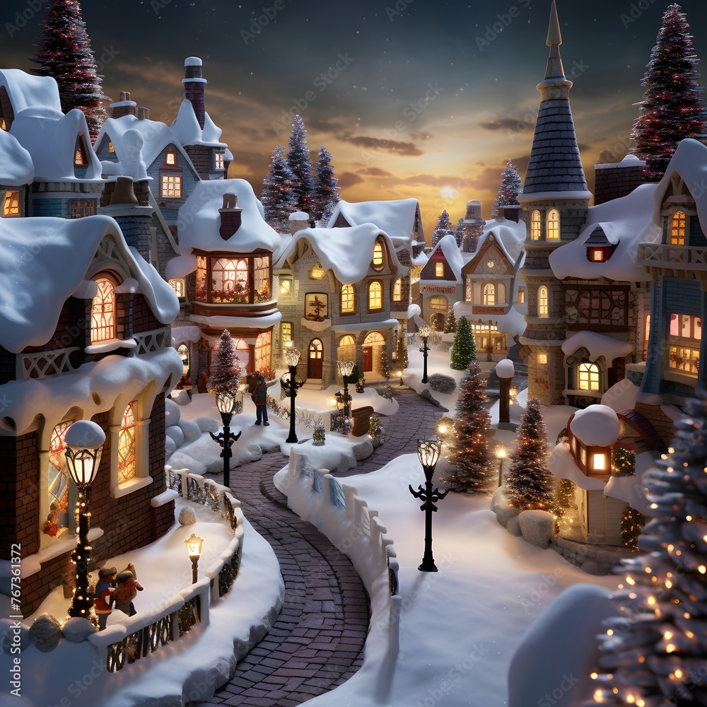 Merry Christmas and Happy New Year. Panoramic view of beautiful winter city at night with snow covered houses and trees.