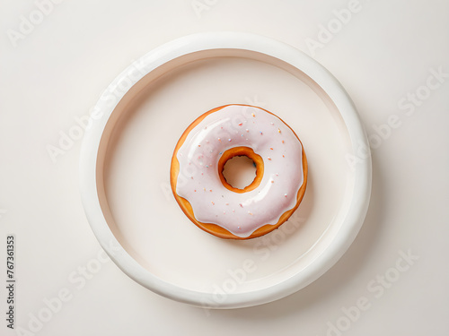 Donut with pink glaze on a white plate, top view