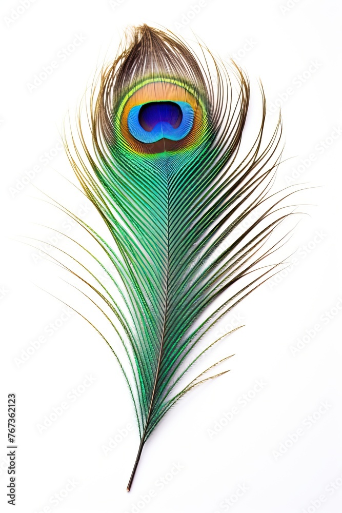 Fototapeta premium Beautiful peacock feather isolated on white background