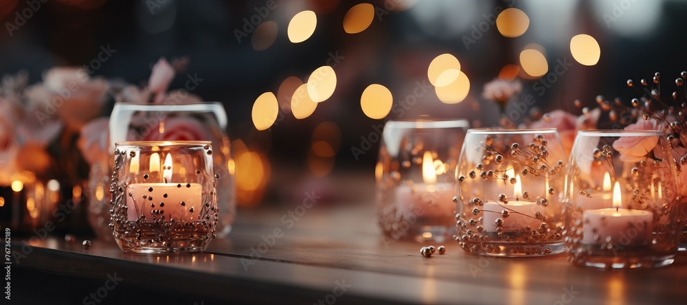 Burning candles and golden confetti on wooden table. Golden bokeh background Burning candles and golden confetti on wooden table. Golden bokeh background