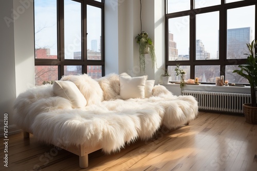 A cozy place near the window. Chair with fur. Modern minimalist room design.
