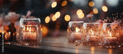 Burning candles and golden confetti on wooden table. Golden bokeh background