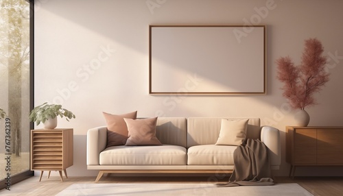 Maqueta de interior con cuadro en blanco sobre pared beige con sofá, muebles y plantas. Luz natural a través de la ventana. photo