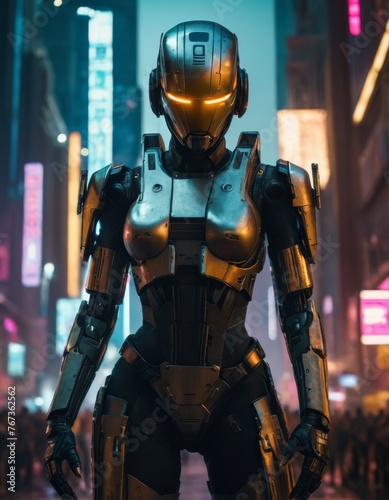 In the heart of a neon-soaked city, a sleek, cybernetic figure stands, evoking a narrative of futuristic espionage and high-tech intrigue.