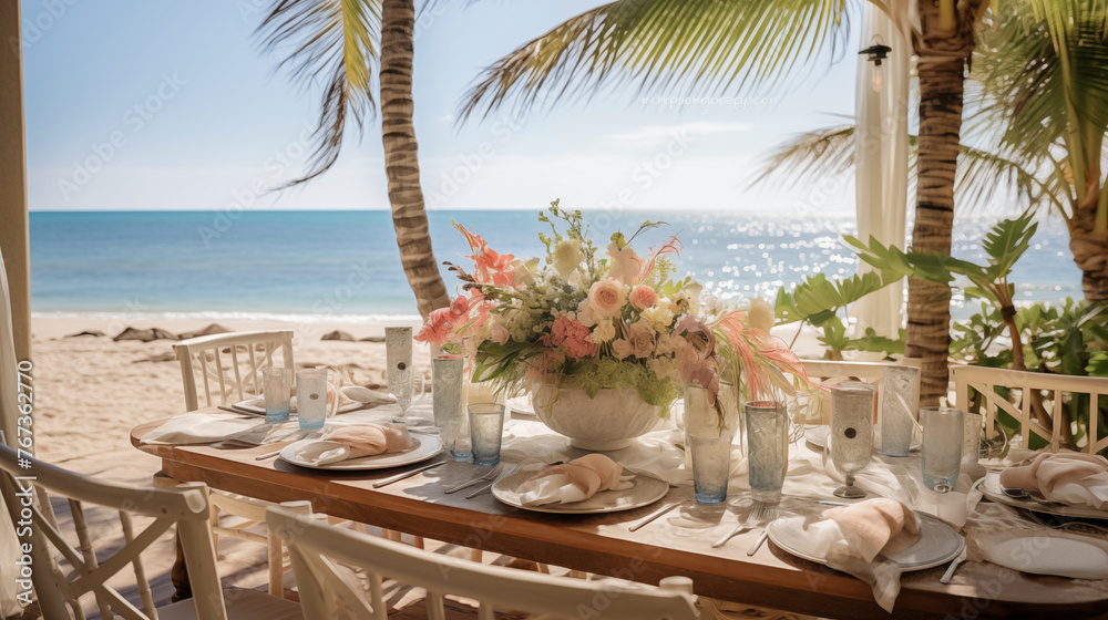 table setting, A beachfront wedding reception table, set with tropical flowers, seashell accents, and ocean views, creating an idyllic atmosphere for the newlyweds and their guests 