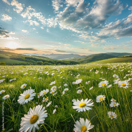 Beautiful spring and summer natural panoramic pastoral landscape with blooming field of daisies in the grass in the hilly countryside