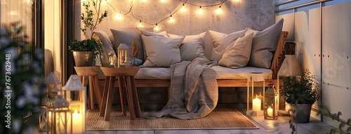 a small balcony adorned with outdoor seating, a wooden side table, lanterns, potted plants, string lights, a beige area rug, and neutral color palette in a realistic photo.