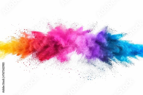 A vibrant burst of colorful powder exploding on a plain white background, creating a dynamic and energetic display