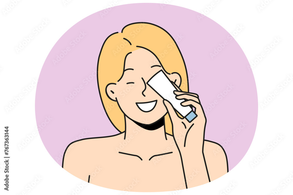 Smiling naked woman with beauty product bottle recommend item. Happy female client show recommend cosmetics. Vector illustration.