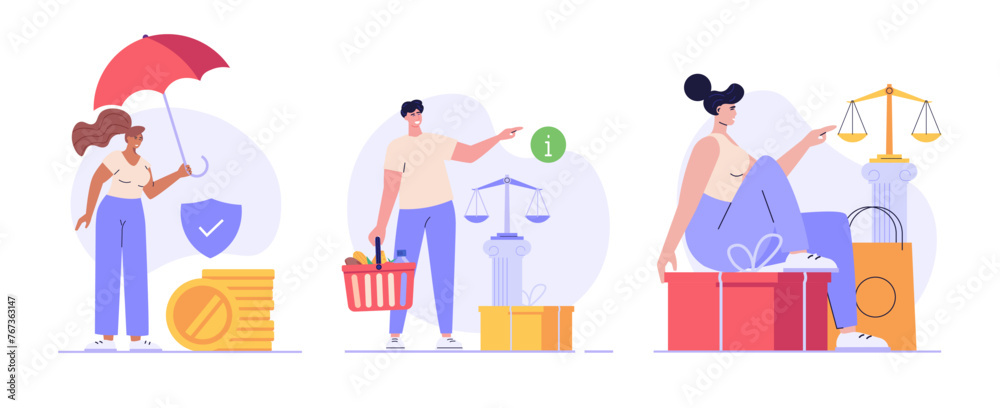 Consumer buying with legal protection. Consumer law protects customer with insurance. Set of consumer protection, customer rights, scale of justice, legal safety. Vector flat cartoon illustration - obrazy, fototapety, plakaty 