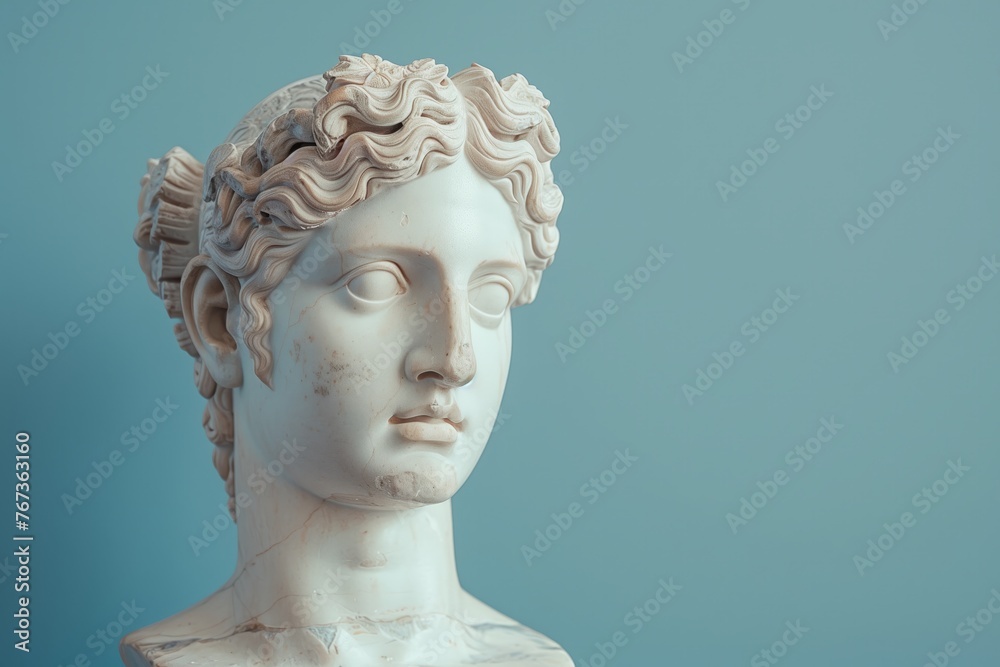 greek statue head on light blue background