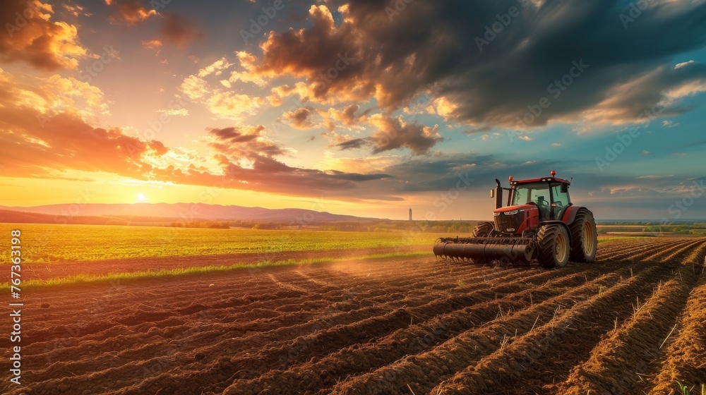 Fototapeta premium Tractor plowing field at sunset