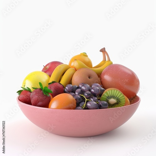 Assorted fresh fruits in a pink bowl on a white background