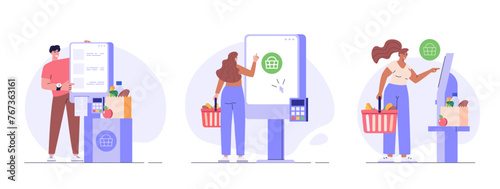 Customer use self-service checkout. Man with shopping cart buying with automated self-checkout terminal. Set of contactless payment, cashless paying, checkout self service. Vector illustration