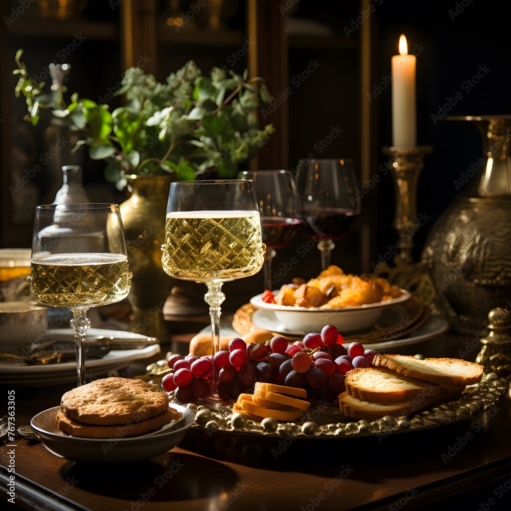 beautifully set table adorned with wine glasses and symbolic elements