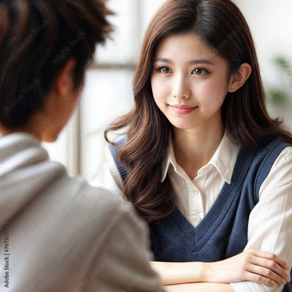 Asian girl brunette student in a white blouse and blue vest, smiling, talking with a guy sitting at the table Asian girl brunette student in a white blouse and blue vest, smiling, talking with a guy sitting at the table