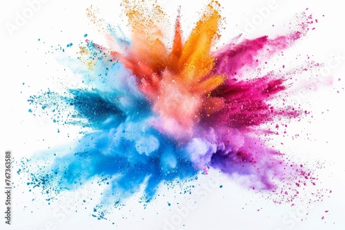 Vibrant powder in various colors is being thrown and dispersed into the air, creating a dynamic and colorful display