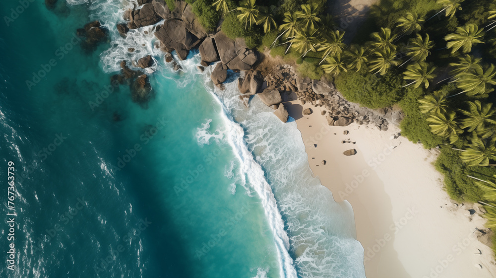water flowing into the water, A bird’s-eye perspective of Red Frog Beach, where the dense jungle meets the turquoise sea. The wild coastline is dotted with palm trees, and the vibrant greenery contras - obrazy, fototapety, plakaty 