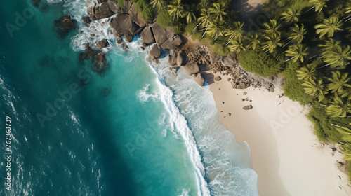 water flowing into the water, A bird’s-eye perspective of Red Frog Beach, where the dense jungle meets the turquoise sea. The wild coastline is dotted with palm trees, and the vibrant greenery contras photo