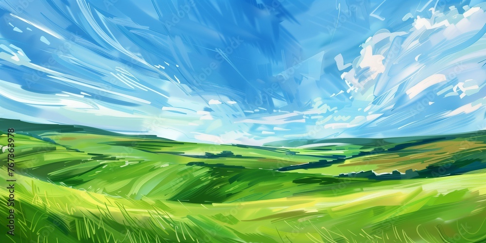 abstract landscape, blue sky with some clouds and green fields, blue and green