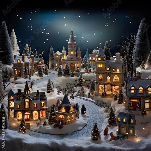 Christmas and New Year miniature village with snow and trees at night.