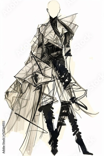 High fashion design sketch with detailed fabric textures