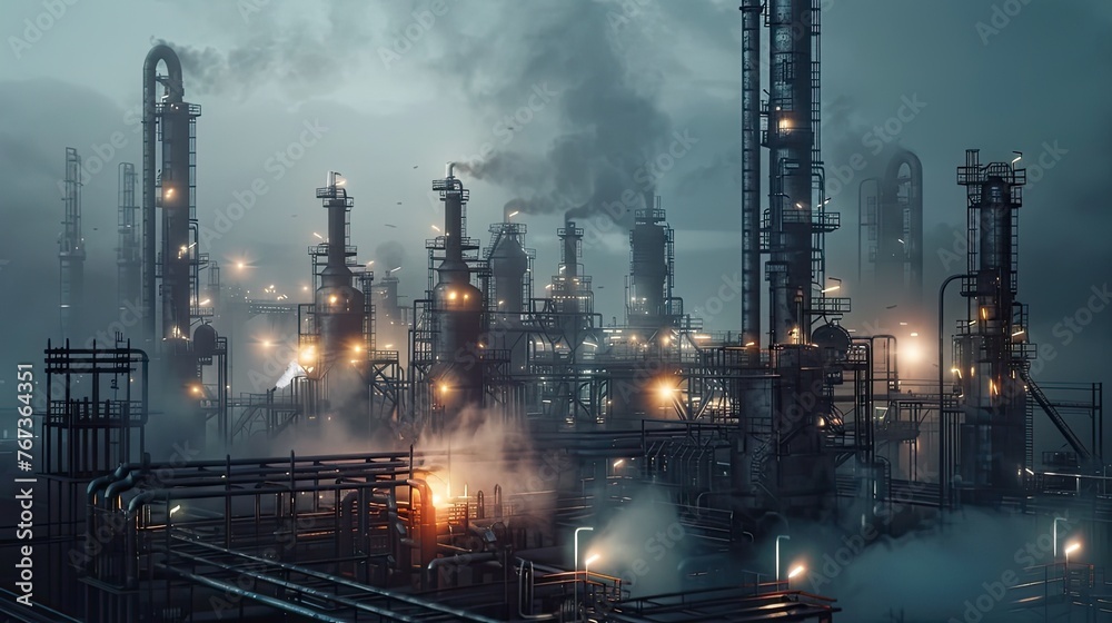 a massive industrial refinery, featuring intricate piping systems and engulfed in a chemical haze, illuminated by the artificial glow of halogen lights, in a realistic photo.