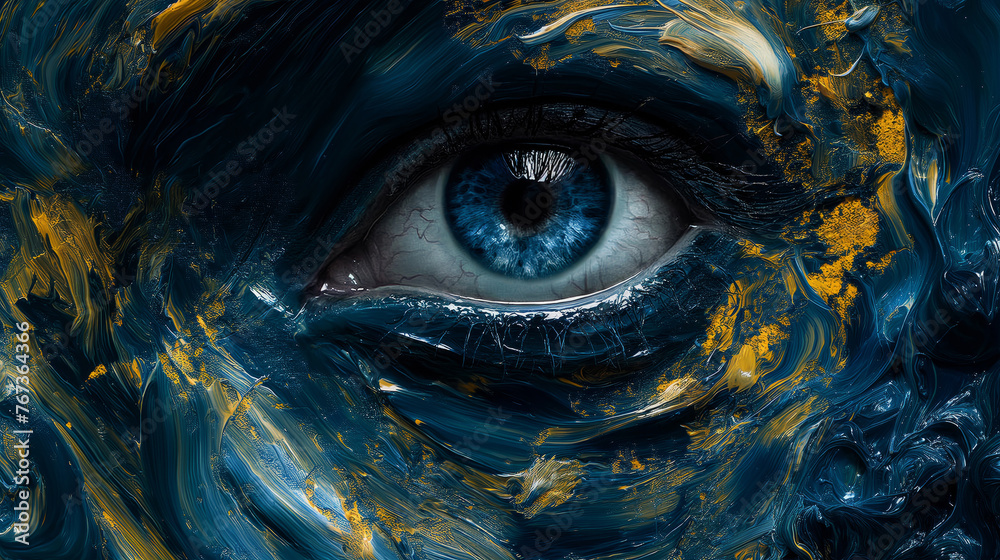 Visionary Swirl: Human Eye Amidst a Blue and Gold Oil Painting Vortex